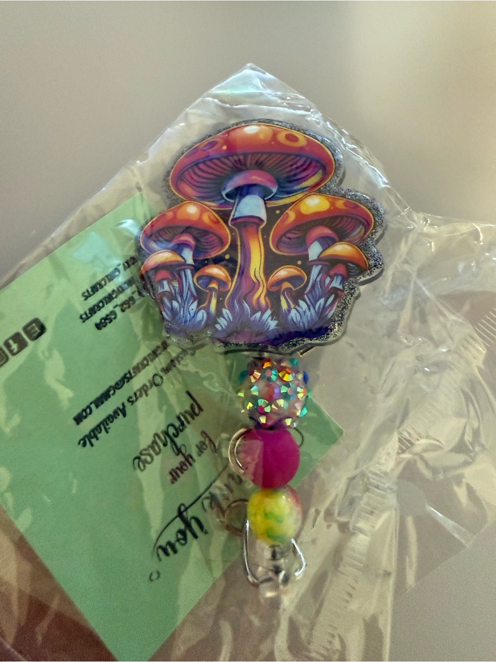 Psychedelic Mushroom Badge Reel with Colorful Beads‎
